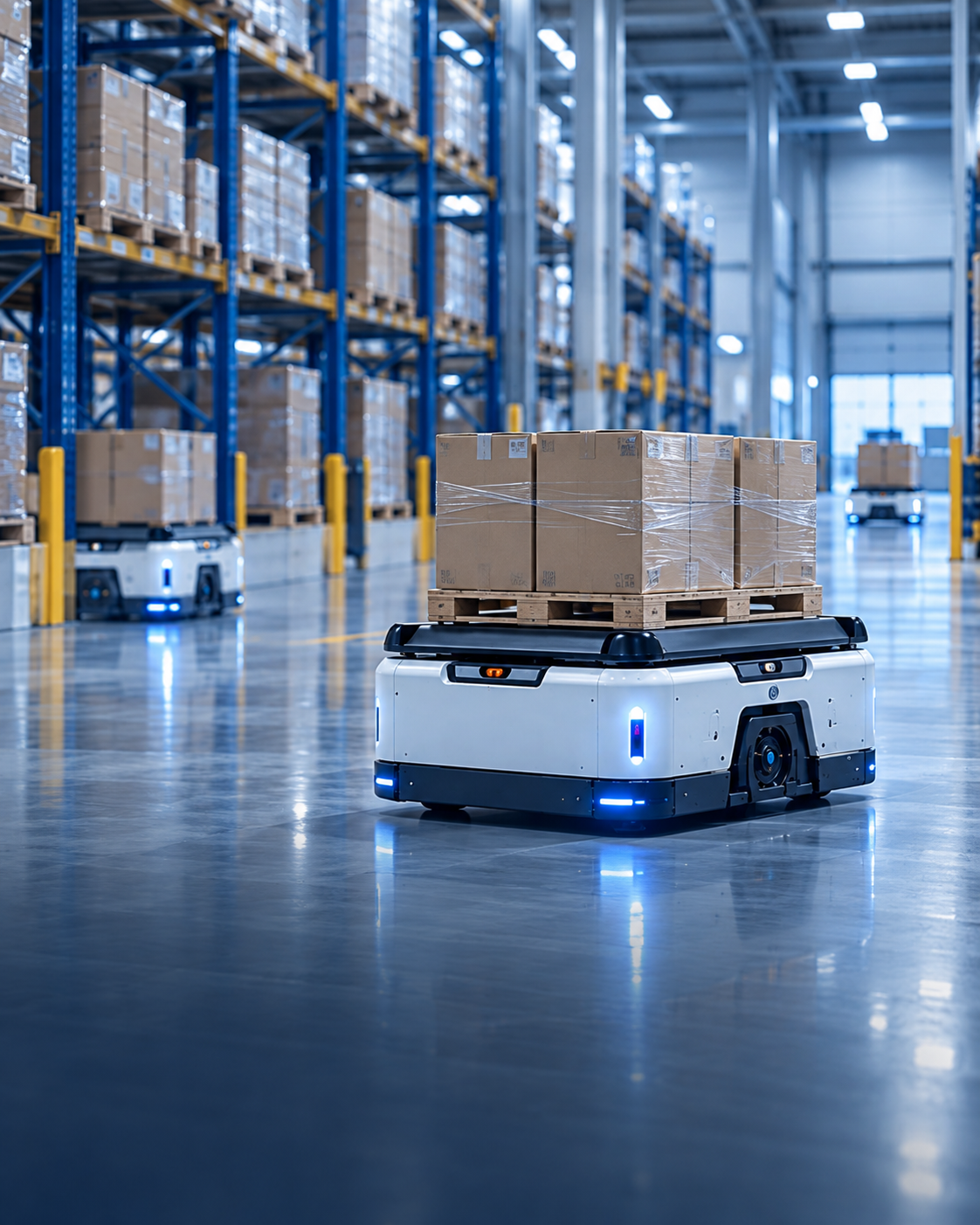 AMR transporting materials in a logistics warehouse